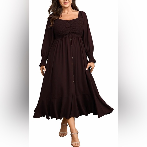None Dresses & Skirts - 🆕Plus Size Smocked Casual Maxi Dress for Curvy Dress-Burgundy